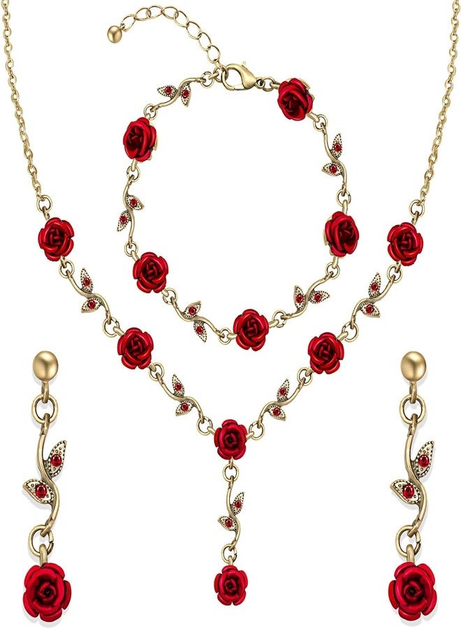 ALAIX 14K Gold Plated Necklaces for Women Dainty Long Rose Pendant Gold Necklace for Girls Vintage Red Flower Women' Necklace Pendant Necklace Earring Bracelet Sets - Image 1